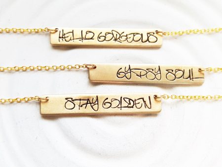 Gold Graffiti Bar Necklace | Custom Text | Golden Glow For Sale