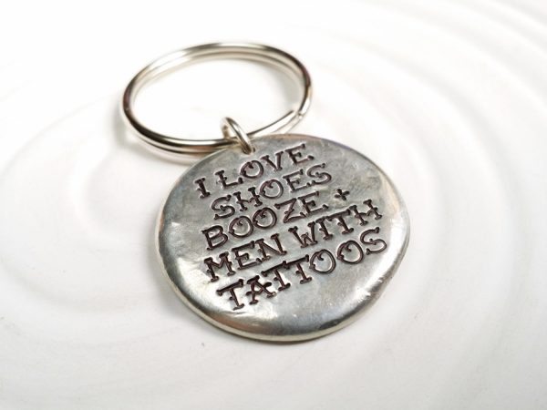 I Love Shoes, Booze and Men With Tattoos Pebble Keychain For Sale