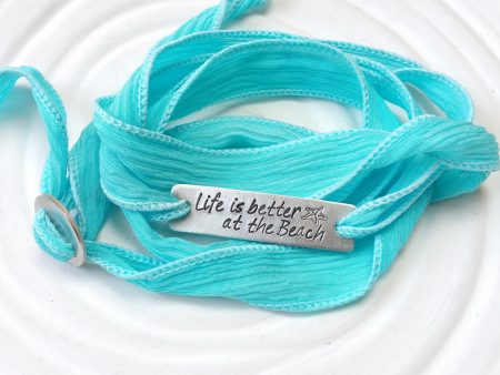 Silk Ribbon Wrap Bracelet | Exclusive Slide Clasp | Beach Saying Online now