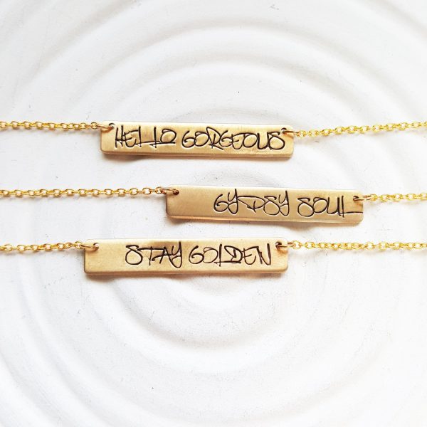 Gold Graffiti Bar Necklace | Custom Text | Golden Glow For Sale