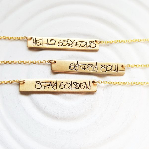 Gold Graffiti Bar Necklace | Custom Text | Golden Glow For Sale