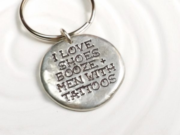 I Love Shoes, Booze and Men With Tattoos Pebble Keychain For Sale