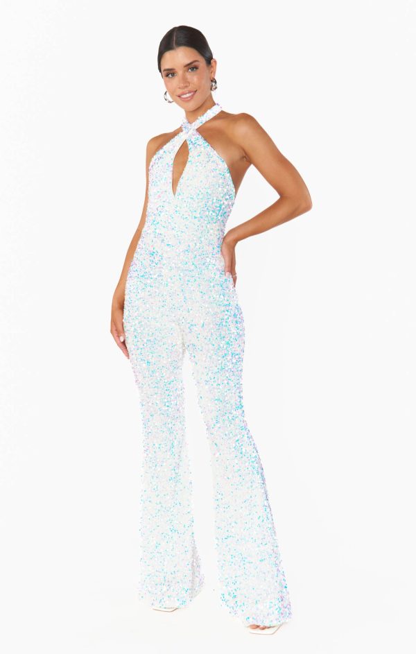 Studio Halter Jumpsuit ~ White Sparkle Sequin Hot on Sale