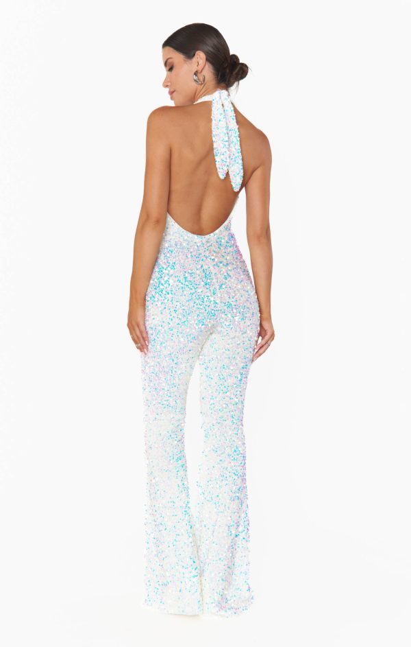 Studio Halter Jumpsuit ~ White Sparkle Sequin Hot on Sale